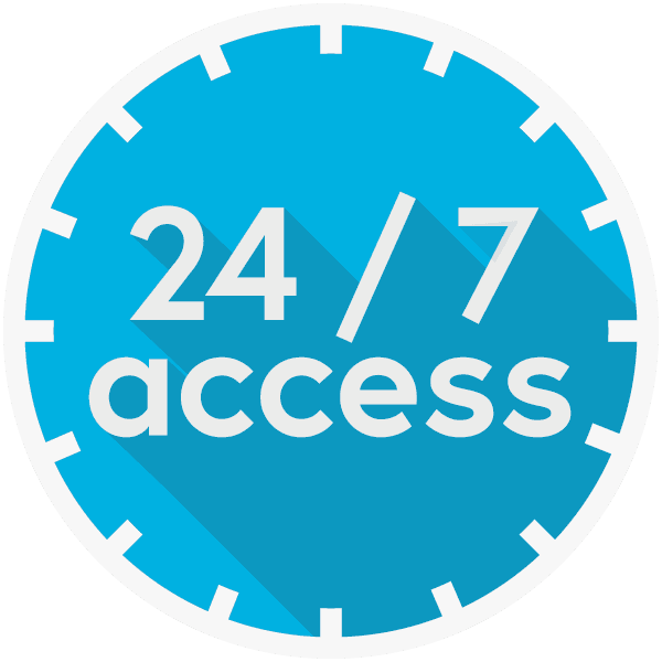 A blue circular icon resembling a clock features the text 24/7 access in white, indicating availability at all times. The clock has white tick marks around the edge and a long shadow effect on the text.