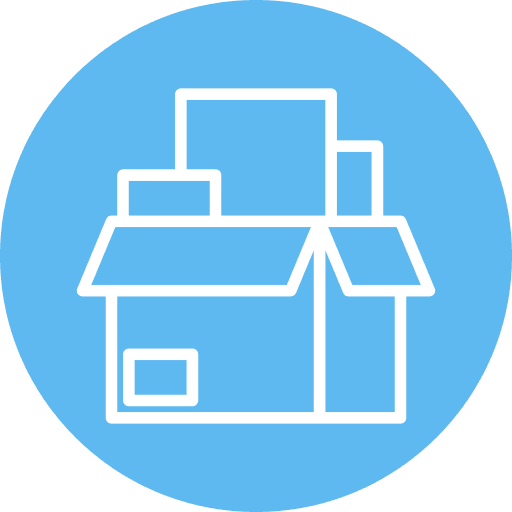 White line illustration of an open cardboard box with various rectangular objects inside, centered on a solid blue circular background.