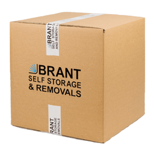 A large brown cardboard box with BRANT SELF STORAGE & REMOVALS printed in black text on the side. The box is sealed with white tape branded with the same company name and logo.