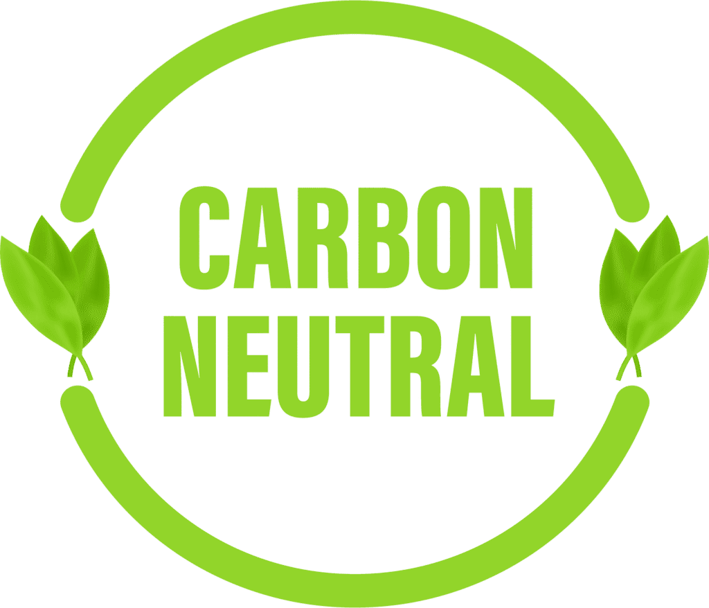 A green circular emblem with the words CARBON NEUTRAL in bold letters, flanked by two green leaves on each side, symbolizing environmental sustainability.