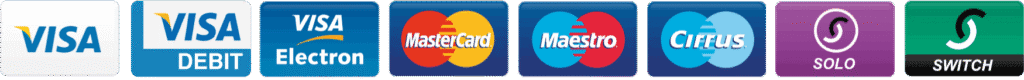 Row of payment card logos: Visa, Visa Debit, Visa Electron, MasterCard, Maestro, Cirrus, Solo, and Switch, each on a square background with their respective colors and symbols.