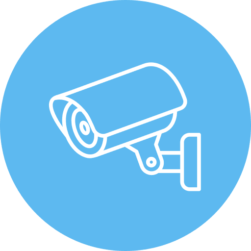 White outline of a security camera on a blue circular background, representing surveillance or monitoring.