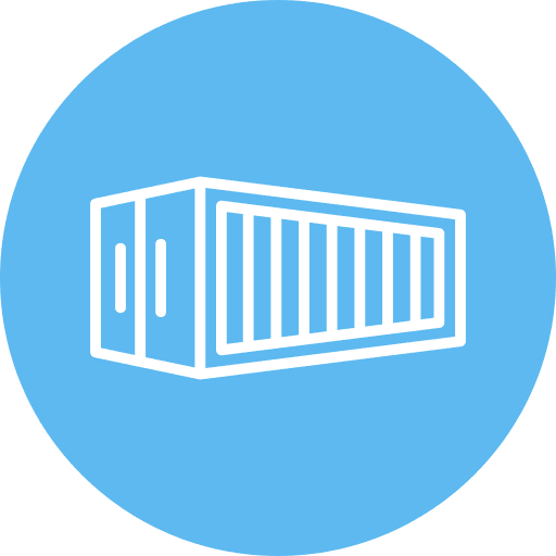 A white outline of a shipping container icon is centered on a blue circular background.