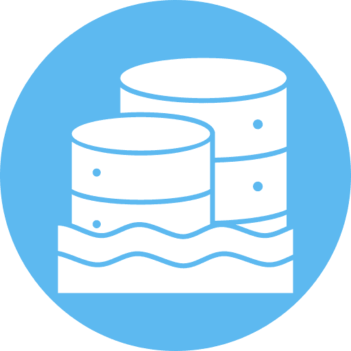 White icon of three stacked cylindrical database symbols with wavy lines in front, set inside a blue circle.