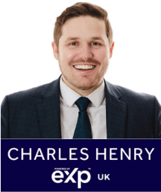 A man in a suit smiling at the camera, with text below reading CHARLES HENRY powered by eXp UK on a dark blue background.