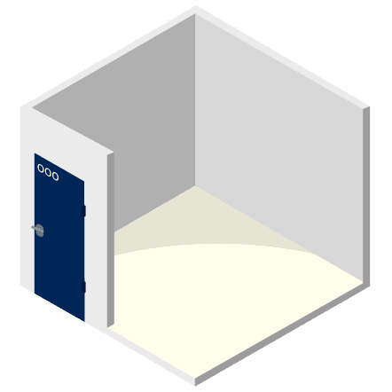 An isometric illustration of a small, empty, three-walled room with a closed blue door labeled 000. The room is white and gray with a light-colored floor.
