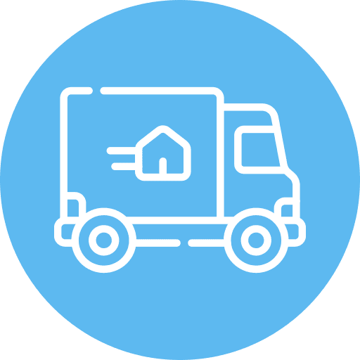 White line drawing of a delivery truck with a house symbol and motion lines on its side, set against a solid blue circular background.