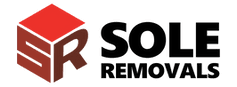Logo for Sole Removals, featuring a red and brown 3D cube with the letters SR on the left, and the words SOLE REMOVALS in bold black letters on the right.